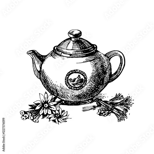 Hand drawn sketch vector teapot and herbal tea isolated illustration on white background