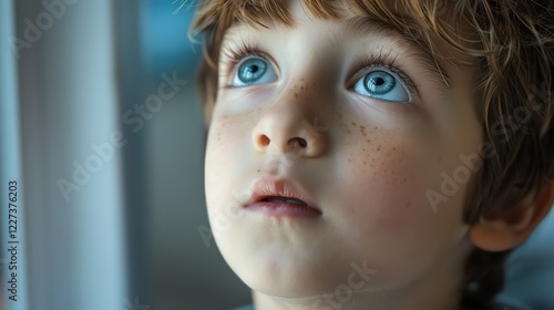 A close-up portrait of a young boy with brown hair and blue eyes, looking up with a contemplative expression.