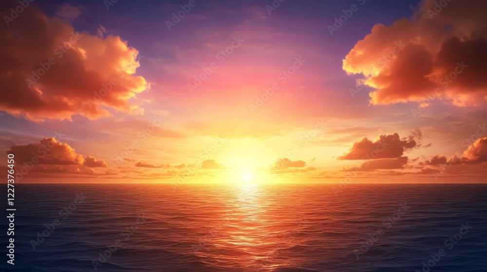 Vibrant Sunset over Calm Ocean Water with Colorful Cloudscape Vibrant Sunset over Calm Ocean Water with Colorful Cloudscape