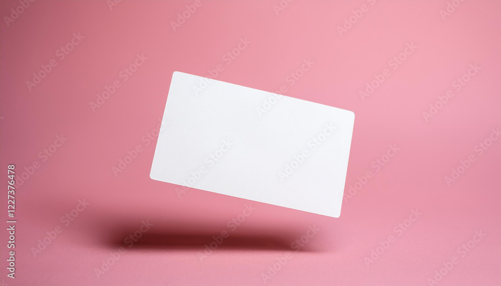 White empty business card flying in the air, light pink background. Blank template for your design