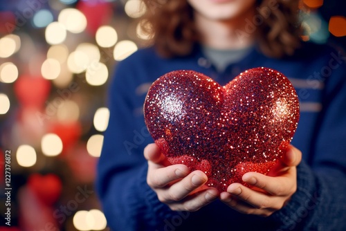 Commercial digital ads concept art. Sign of love and affection. Youth valentine's day greeting card: adolescent boy with smirk face holds red heart in hands. Emotional young love photos. photo