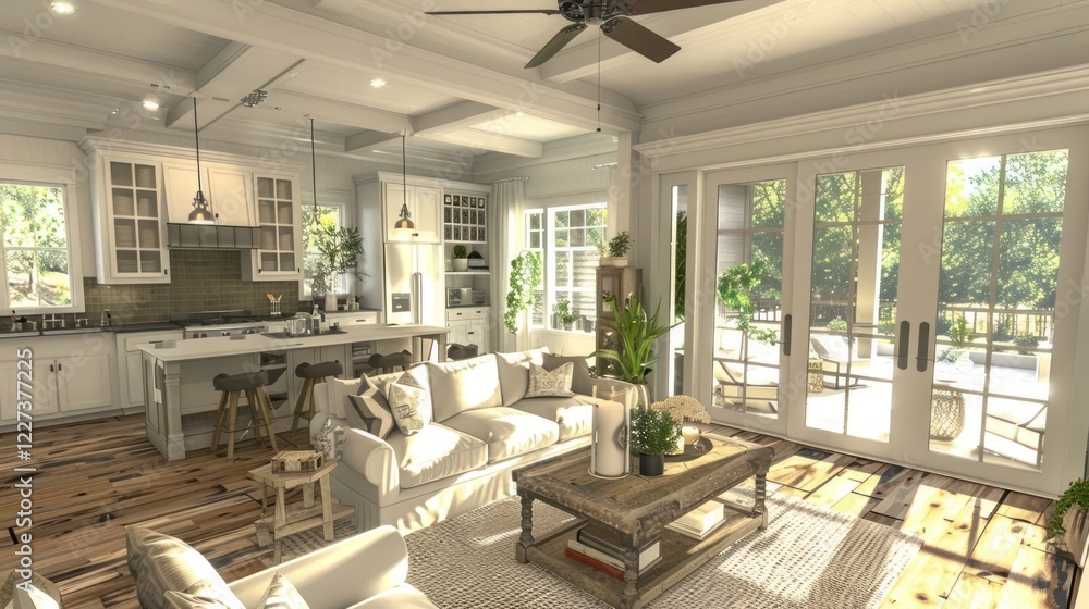 Fototapeta premium Bright and airy living room with modern decor, large windows, and outdoor view of greenery