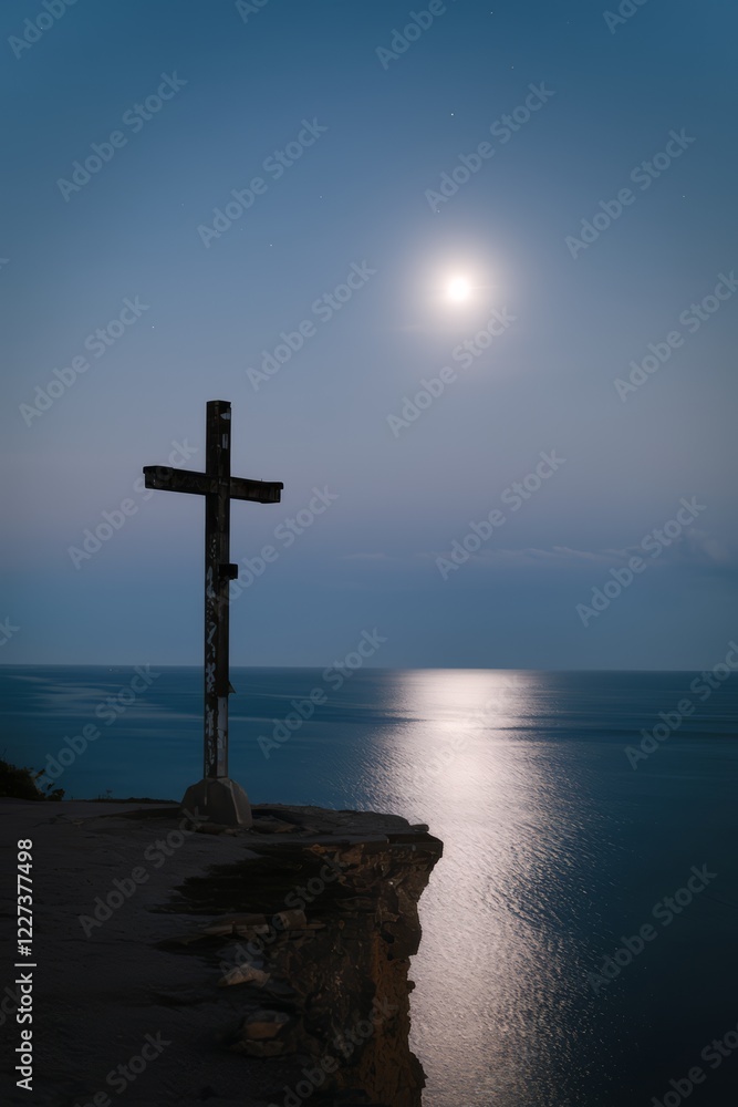 Silhouette of a cross under a moonlit night by the sea.