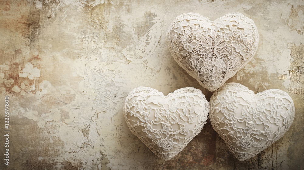 Obraz premium Three lace heart shapes on a textured background with a vintage and romantic aesthetic