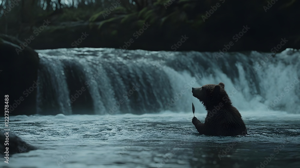 Fototapeta premium A bear stands in a river near a waterfall, capturing a serene moment in nature.