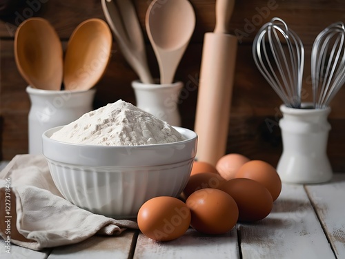 Homemade baking ingredients with flour, eggs, and utensils photo