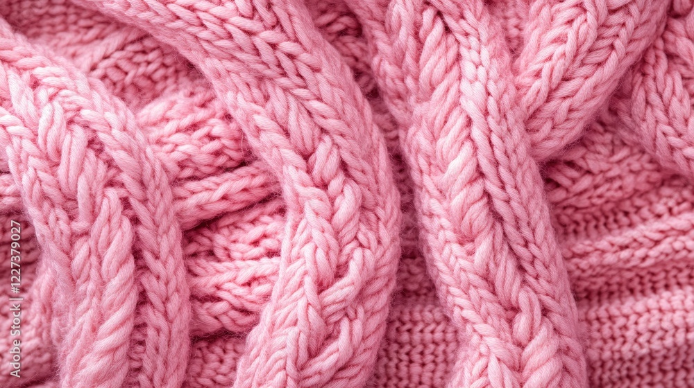 Pink knitted fabric texture close up with braided pattern creating a warm and cozy feeling Pink knitted fabric texture close up with braided pattern creating a warm and cozy feeling