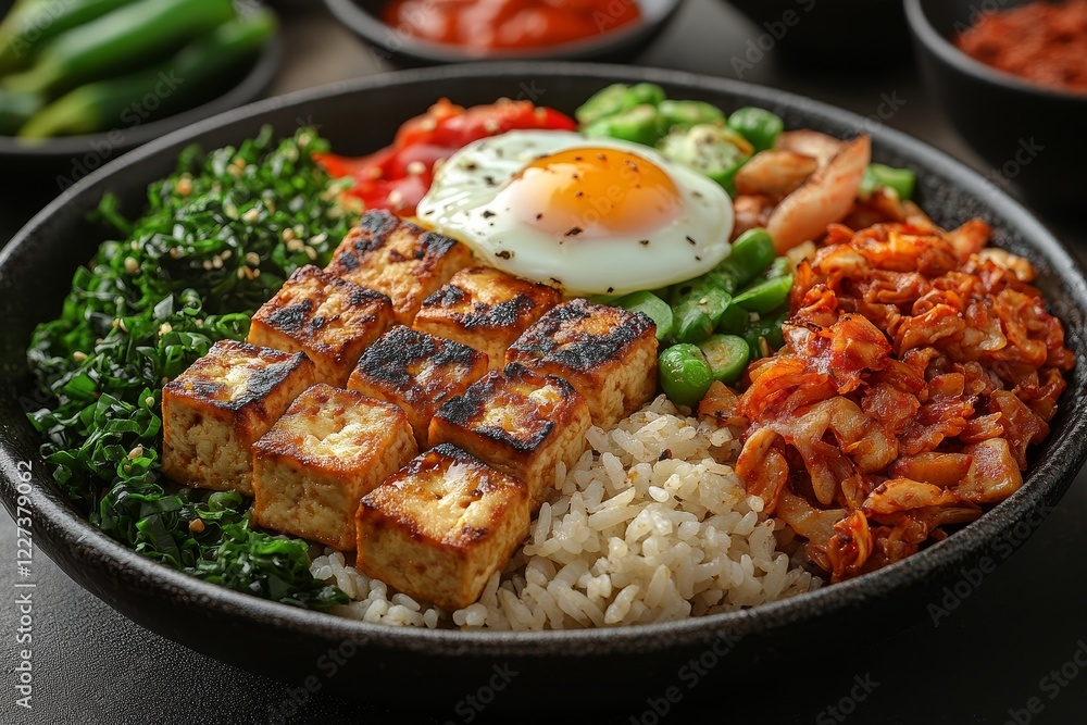 Korean bibimbap bowl with tofu, egg, rice Korean bibimbap bowl with tofu, egg, rice