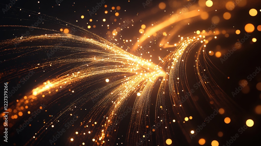Obraz premium Golden light trails and bokeh effect on a dark background creating a magical abstract scene