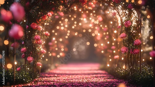 Rose archway with glowing lights and petals on pathway creating a romantic and magical scene