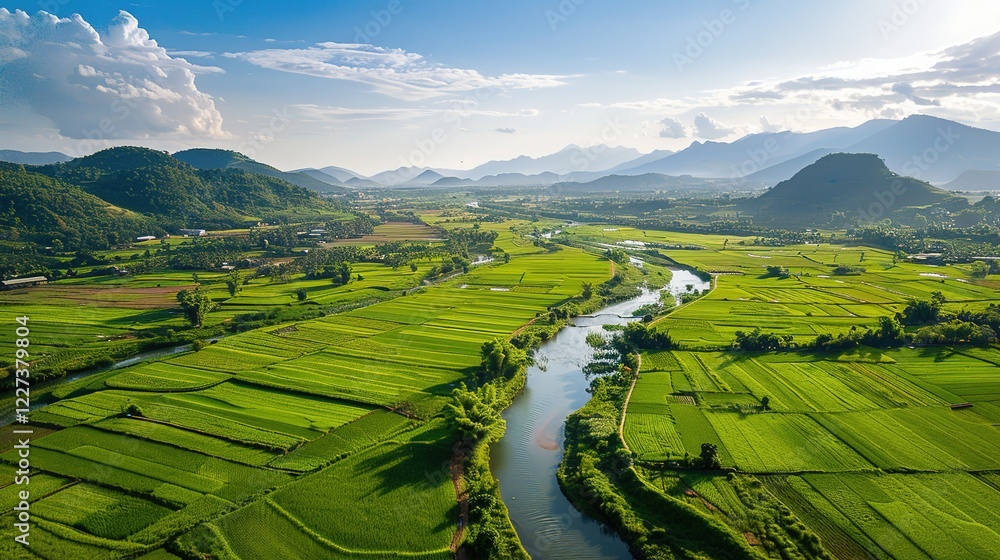 Fototapeta premium A beautiful green field with a majestic mountain, a clear river and a vast sky in the background. The idyllic and serene natural scenery creates a peaceful and charming atmosphere.