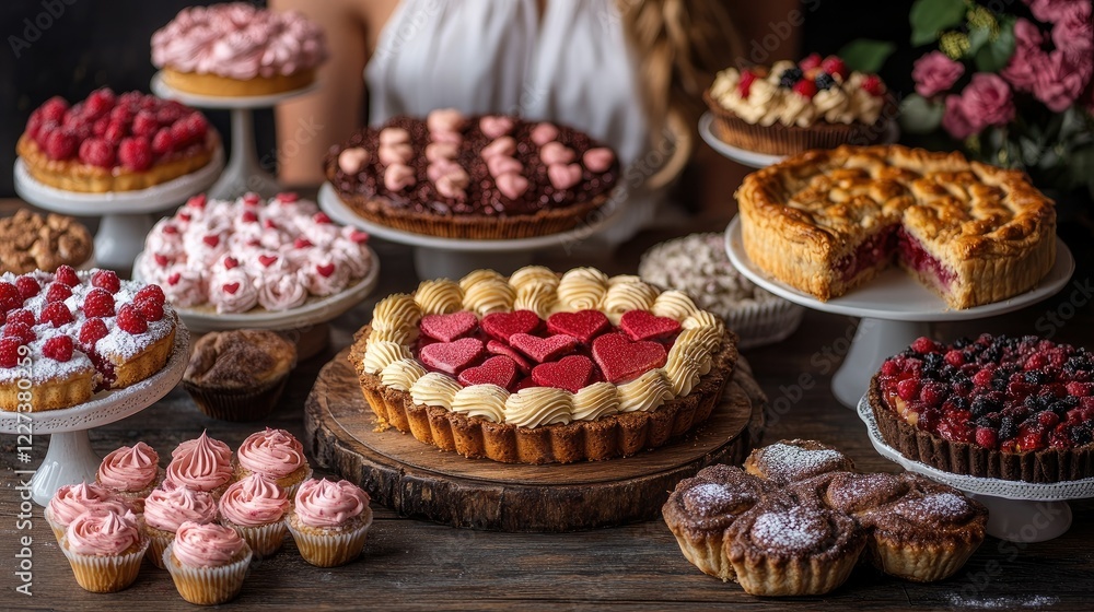 A dessert spread featuring heart-shaped cakes and pies A dessert spread featuring heart-shaped cakes and pies