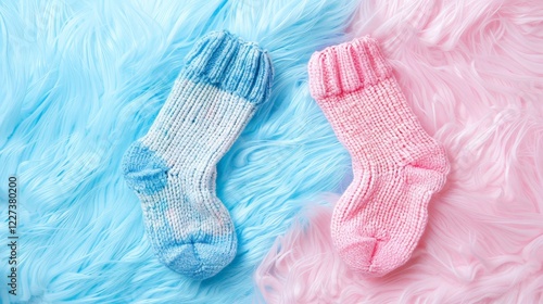 Cozy blue and pink knitted socks on soft fluffy background photo