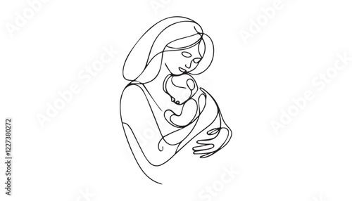 Continuous one single minimal line drawing baby and mother
