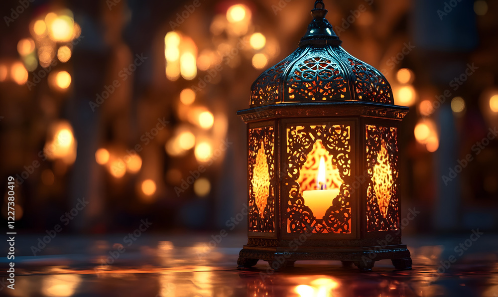 Oriental lantern with candle. Islamic New Year. The day of the beginning of the year according to the Islamic calendar, the first day of the month of Muharram. Oriental lantern with candle. Islamic New Year. The day of the beginning of the year according to the Islamic calendar, the first day of the month of Muharram.
