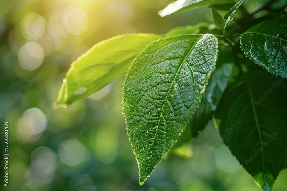 Obraz premium Fresh new green leaves growing on a tree branch in the spring sunshine