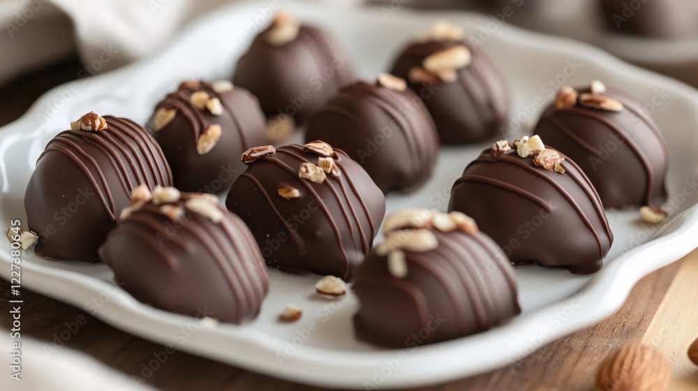 Chocolate truffles with nut topping on a white plate ready to be served for a special occasion Chocolate truffles with nut topping on a white plate ready to be served for a special occasion