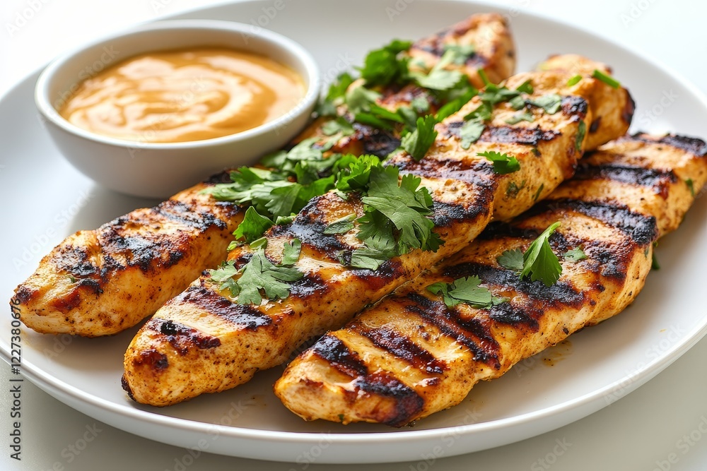 Grilled chicken skewers, peanut sauce, cilantro Grilled chicken skewers, peanut sauce, cilantro
