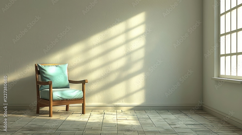 Fototapeta premium A serene interior scene featuring a turquoise armchair beside a sunlit window casting shadows