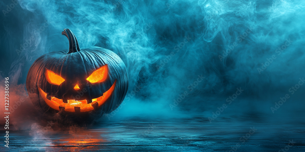 Naklejka premium Halloween night scene with glowing jack-o'-lanterns snd fog