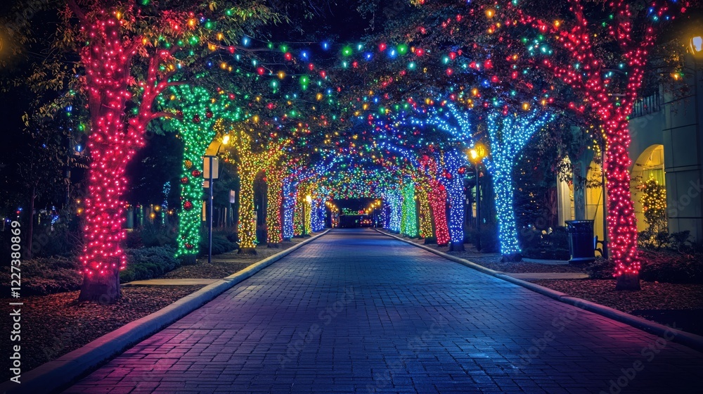 Fototapeta premium Festive trees with colorful lights lining a brick path at night creating a vibrant tunnel