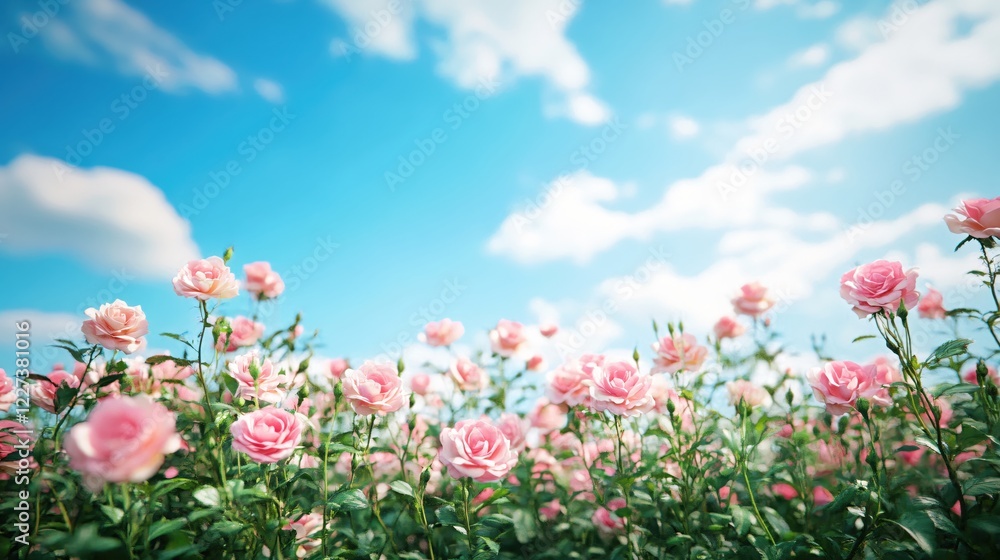 Pink rose garden under a bright blue sky with soft white clouds on a sunny day Pink rose garden under a bright blue sky with soft white clouds on a sunny day