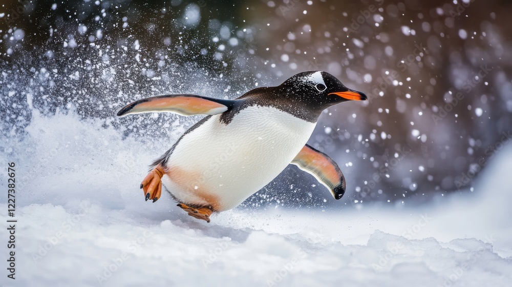 Fototapeta premium A cheerful penguin gliding through snowflakes in a winter wonderland.