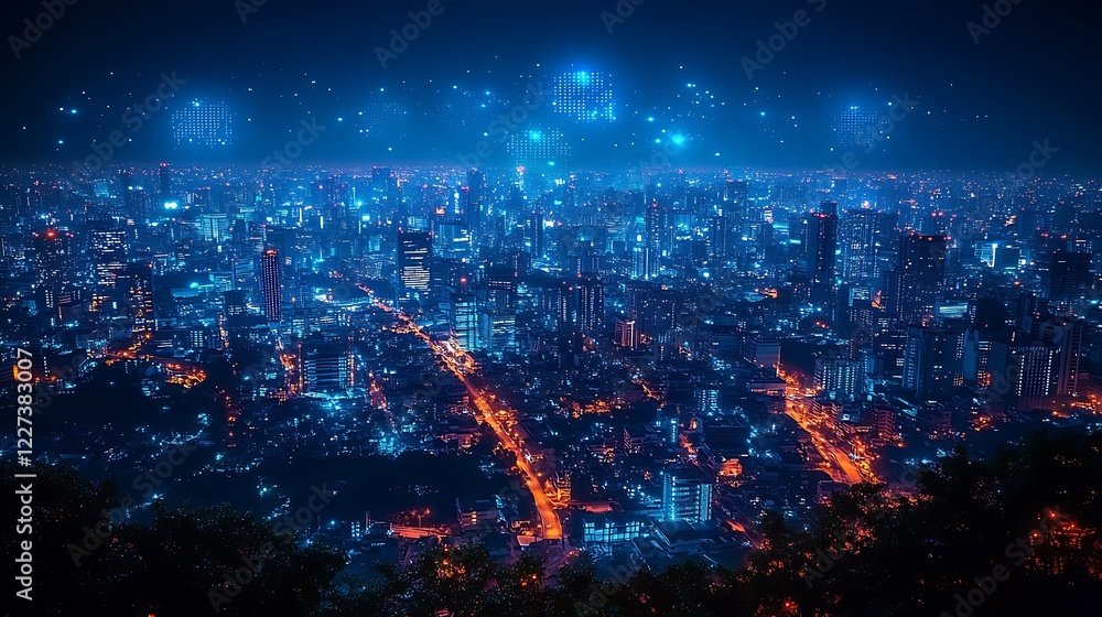 Fototapeta premium A vibrant, futuristic cityscape at night, showcasing bright lights and modern architecture.
