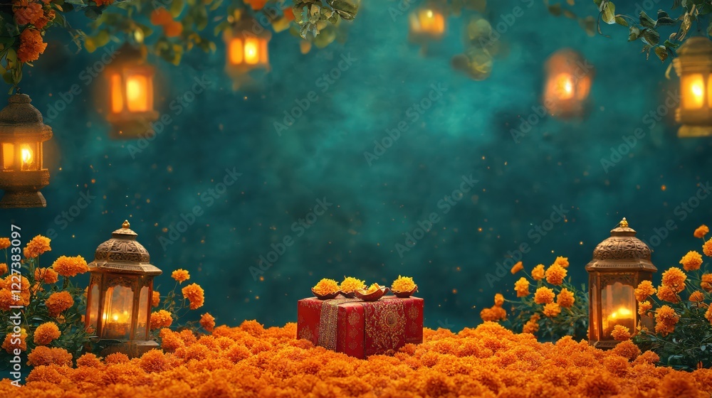 Obraz premium Lanterns and Gift Box on Marigold Flowers with Teal Background for Festive Celebration