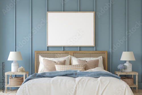 Bedroom in a nautical style. Frame mockup. 3d render.