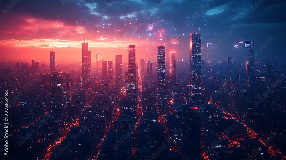 Fototapeta premium A stunning nighttime view of a futuristic city, featuring vibrant illumination and sprawling architecture.