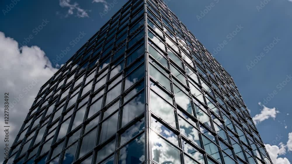 Modern glass building reflects clouds in a clear blue sky during midday in an urban environment Modern glass building reflects clouds in a clear blue sky during midday in an urban environment