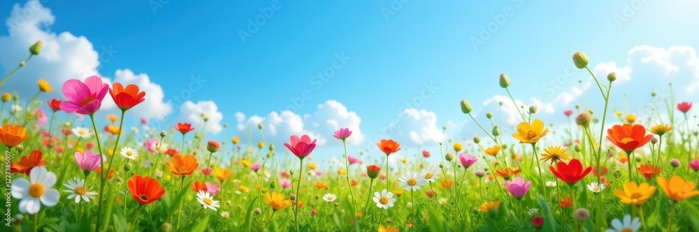 Vibrant wildflowers in meadow, clear blue sky, vibrant, sun Vibrant wildflowers in meadow, clear blue sky, vibrant, sun