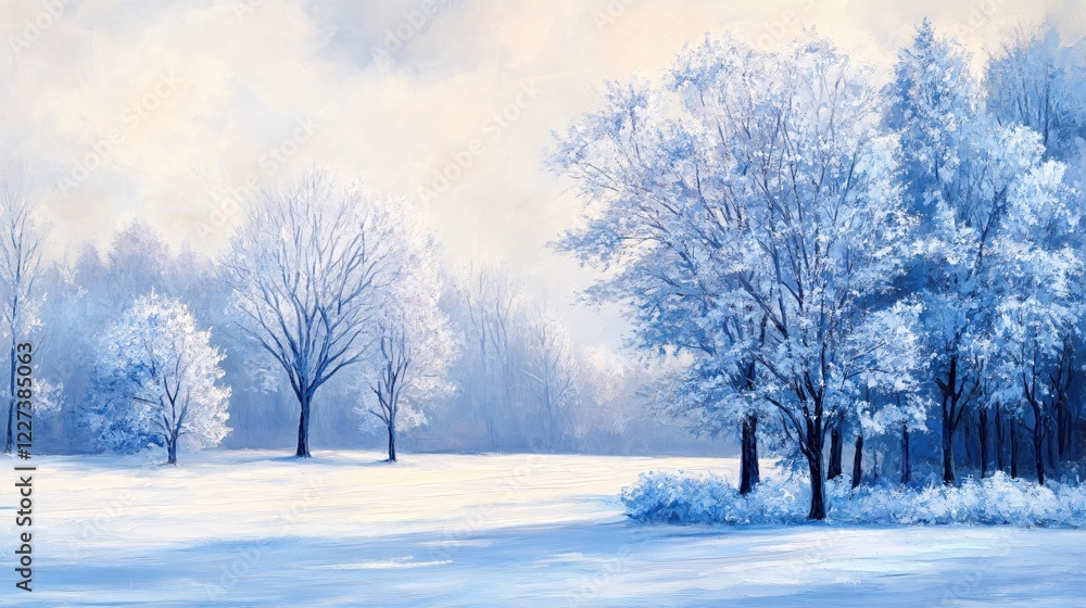 Winter landscape with snow covered trees and a soft light in a serene and peaceful scene Winter landscape with snow covered trees and a soft light in a serene and peaceful scene