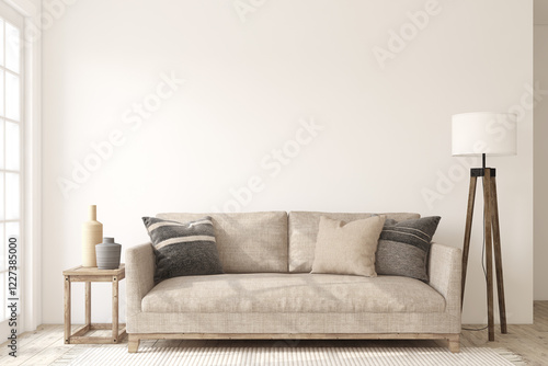 Living-room interior in scandinavian style. Interior mockup. 3d render.