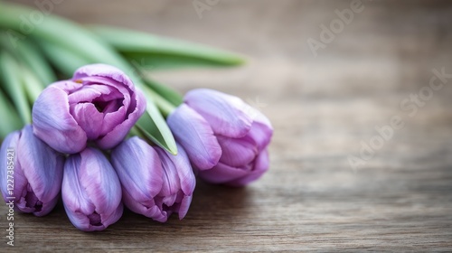 Purple tulip flowers on rustic wooden surface. Suitable for spring season, floral design and garden themes