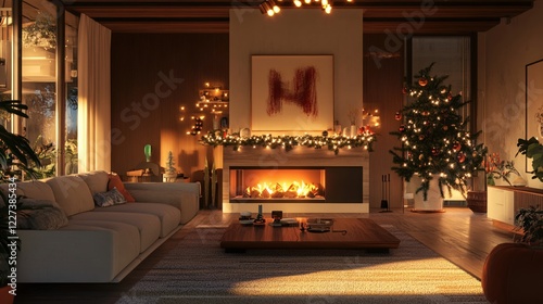 Warm living room with fireplace christmas tree and festive lights creating a cozy atmosphere