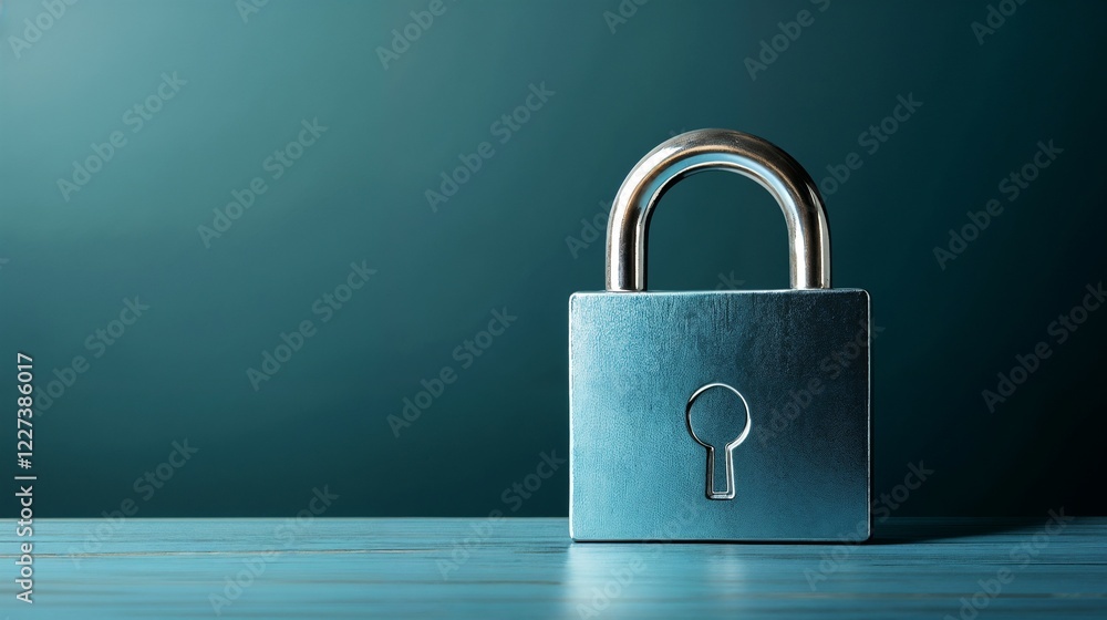 Fototapeta premium Metal padlock on teal background with copy space. Represents security solutions, data protection and privacy concepts