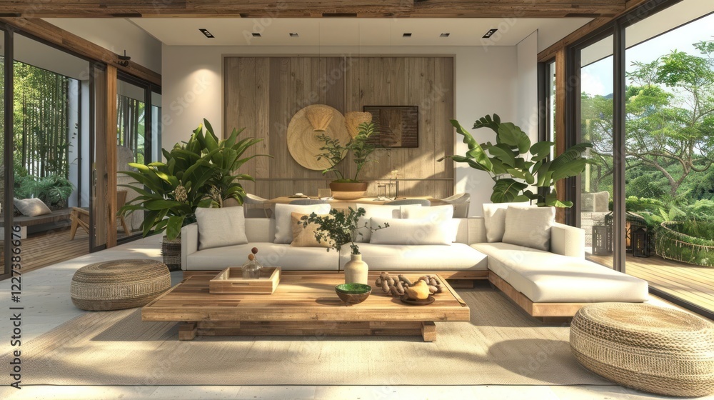 Fototapeta premium Modern living room with large windows, lush greenery outside, and cozy furniture arrangement