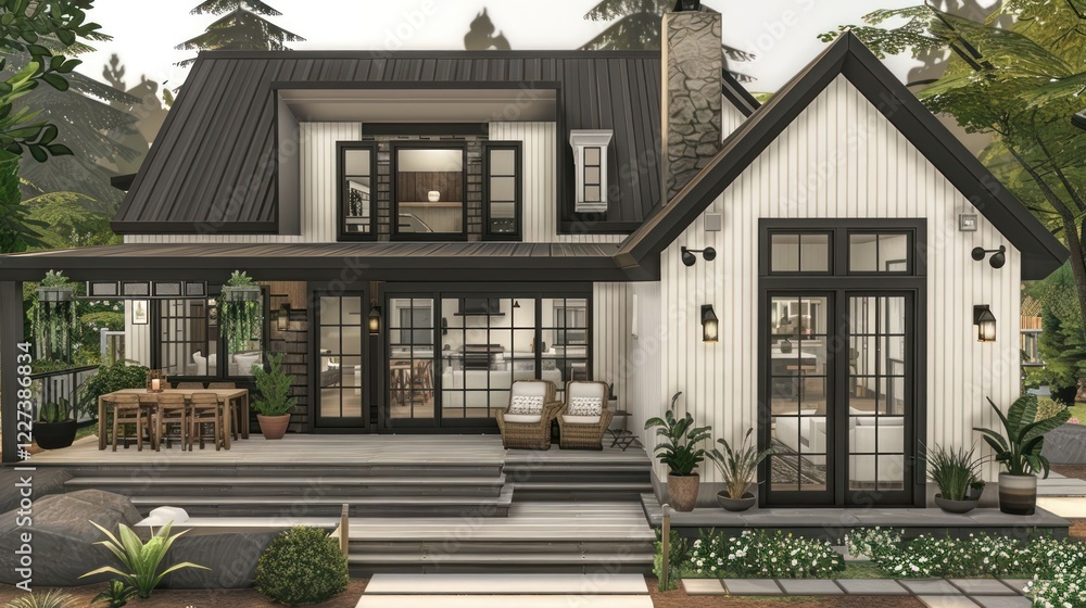 Obraz premium Modern two-story house with large windows, surrounded by greenery and outdoor seating area