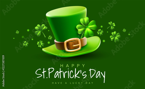 Vector illustration of leprechaun hat with buckle and irish clover with happy saint patricks day word on green background. 3d style design of leprechaun hat and shamrock for st patrick day celebration