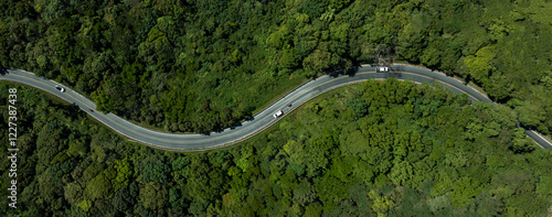 Car in rural road in deep rain forest with green tree forest view from above, Aerial view car in the forest on asphalt road background, Electric vehicle EV car drive asphalt road green tree forest