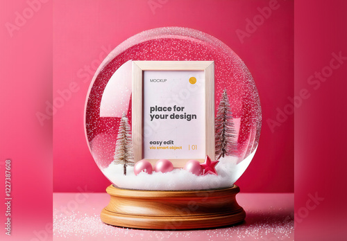 Poster Frame Mockup Inside Snowball Glass with Christmas Elements