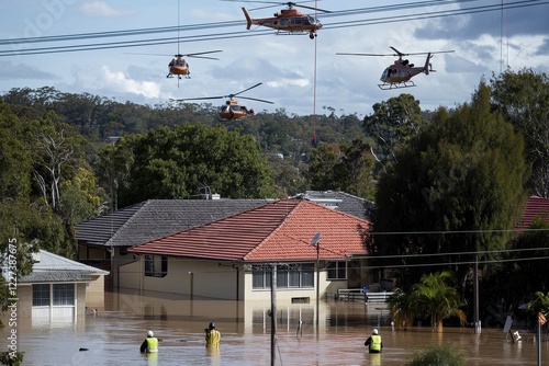 A floodwater rescue operation, with helicopters airlifting people from rooftops surrounded by rising water photo