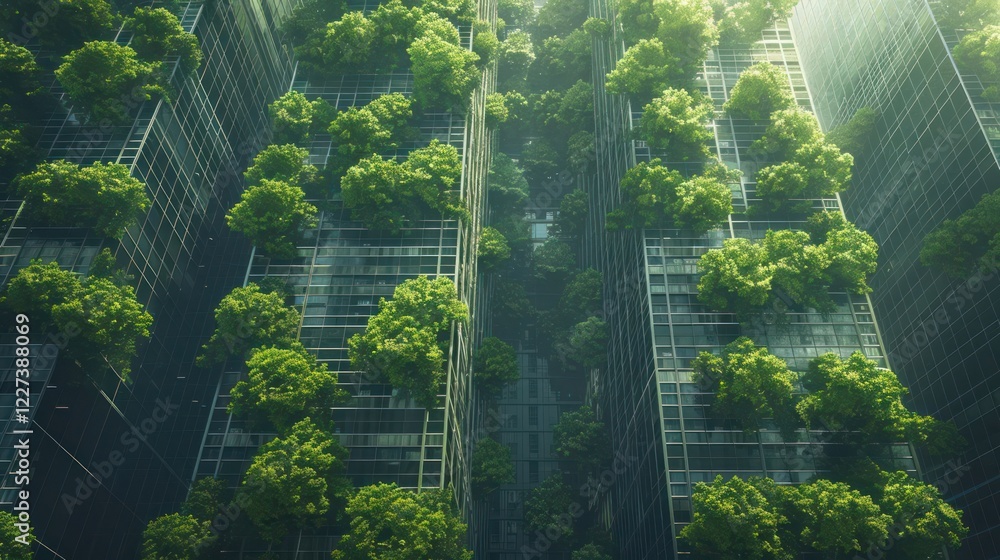Obraz premium Lush greenery envelops modern skyscrapers, showcasing urban sustainability and nature integration