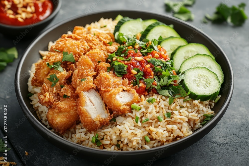 Crispy chicken, rice, cucumber bowl Crispy chicken, rice, cucumber bowl