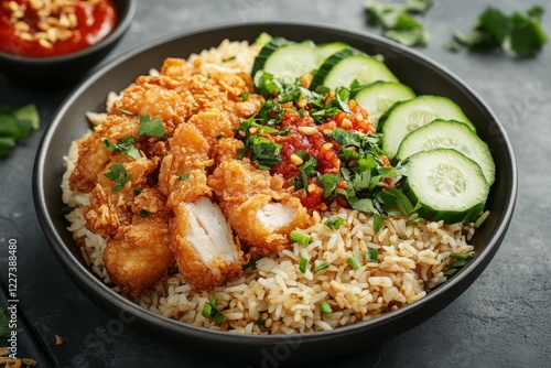 Crispy chicken, rice, cucumber bowl