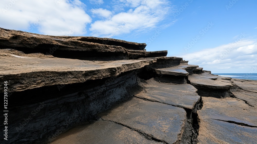 A rocky landscape features layered formations against a blue sky, showcasing natural erosion and geological textures. A rocky landscape features layered formations against a blue sky, showcasing natural erosion and geological textures.