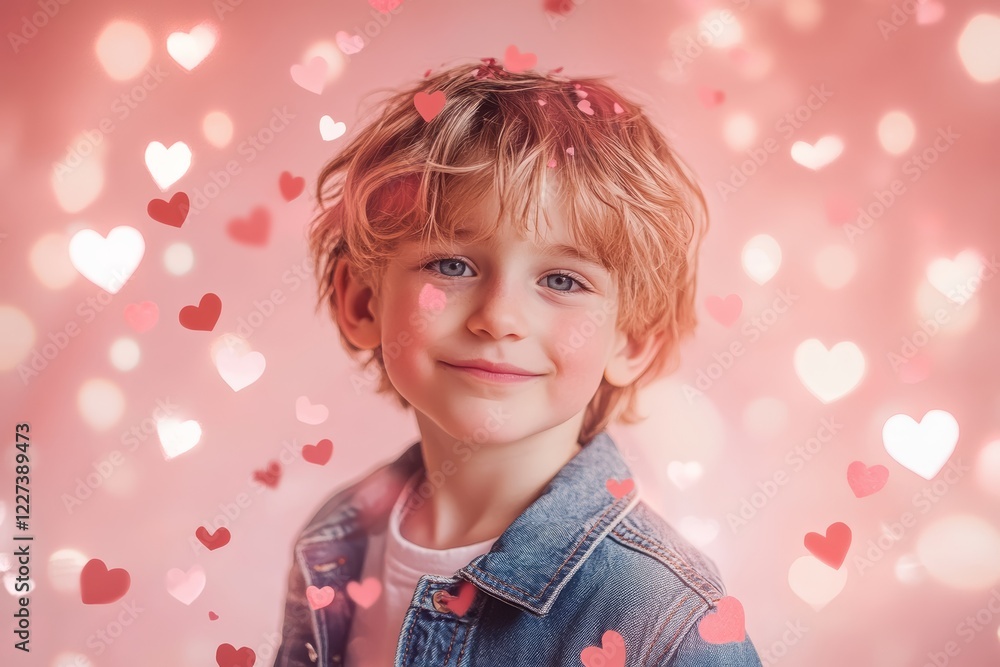 Smiling young caucasian boy surrounded by heart shapes Smiling young caucasian boy surrounded by heart shapes