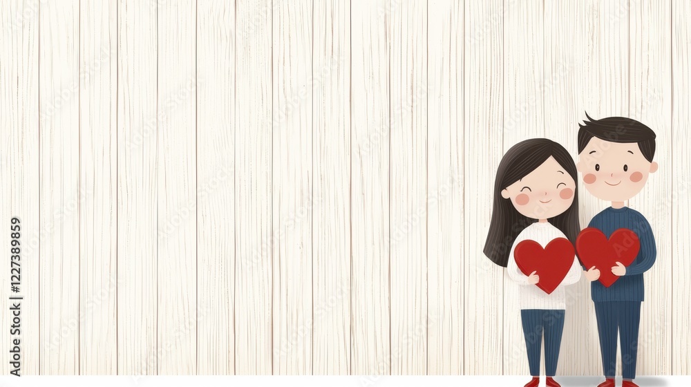 Adorable Cartoon Couple Holding Red Hearts Against Light Wood Background Adorable Cartoon Couple Holding Red Hearts Against Light Wood Background
